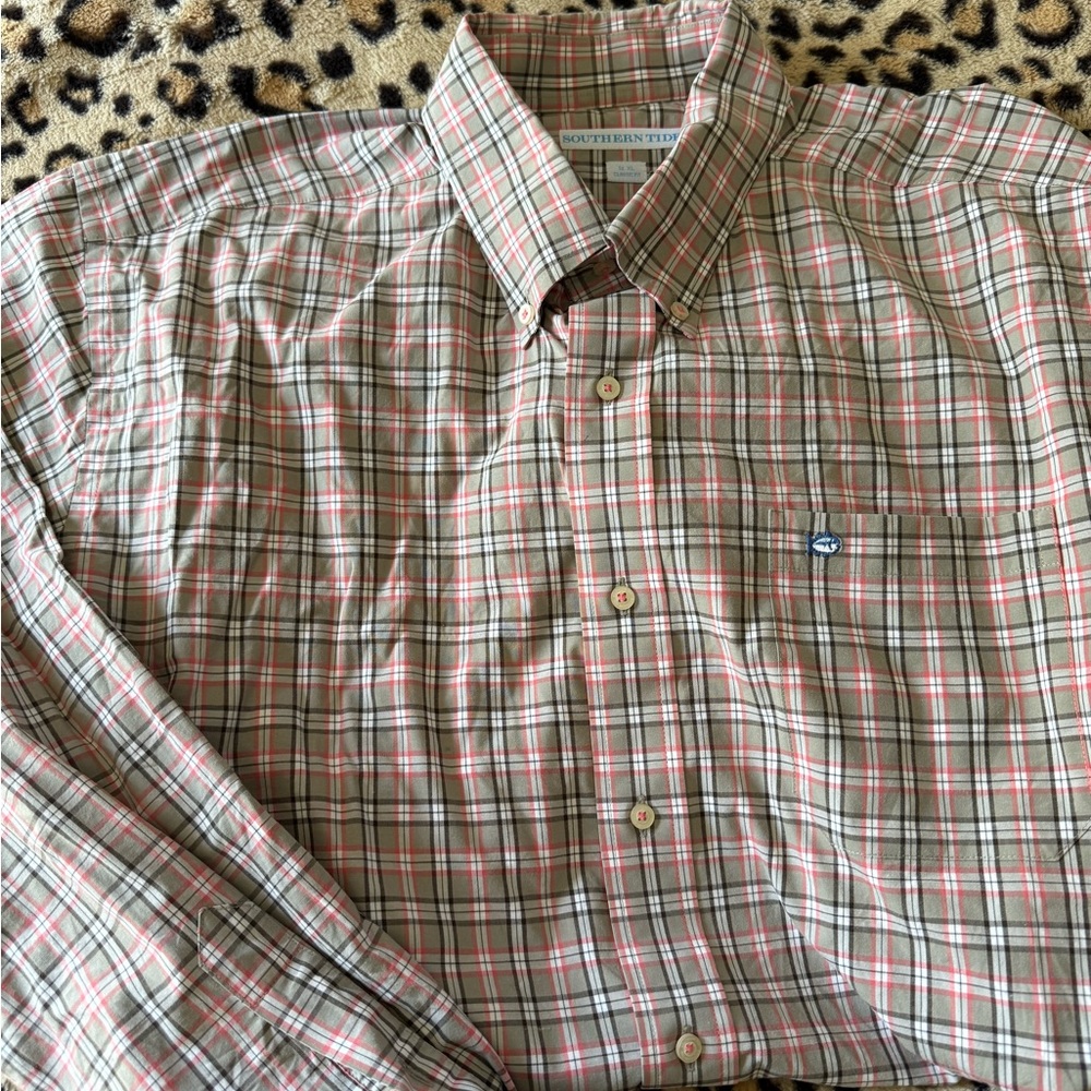 Southern‎ Tide Mens Button Down Shirt Long Sleeve XL Tan Pink Plaid Classic Fit
